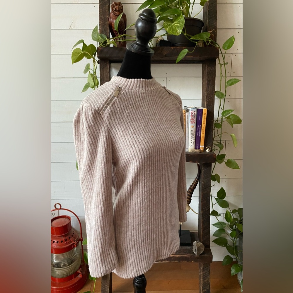 Olivia Blu: Cream Tan Soft Sweater with Zippers at Collar - Picture 4 of 17